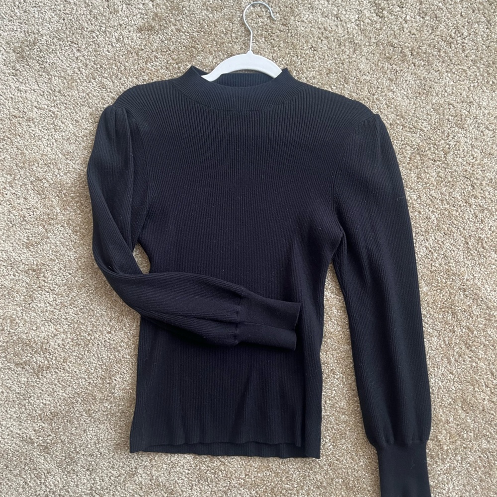 Black Sweater with Puff Sleeves and Mock Neck